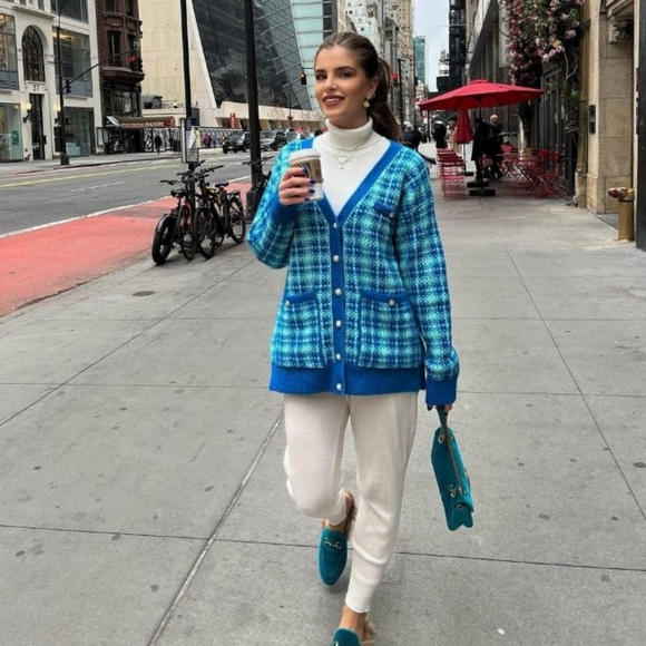 Zara * Plaid Knit Long Cardigan Jacket Blue - Picture 8 of 14